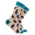 Ladies grey bamboo socks featuring playful black cats with teal heels, toes and cuffs by Socktopus.