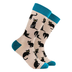 Ladies grey bamboo socks featuring playful black cats with teal heels, toes and cuffs by Socktopus.