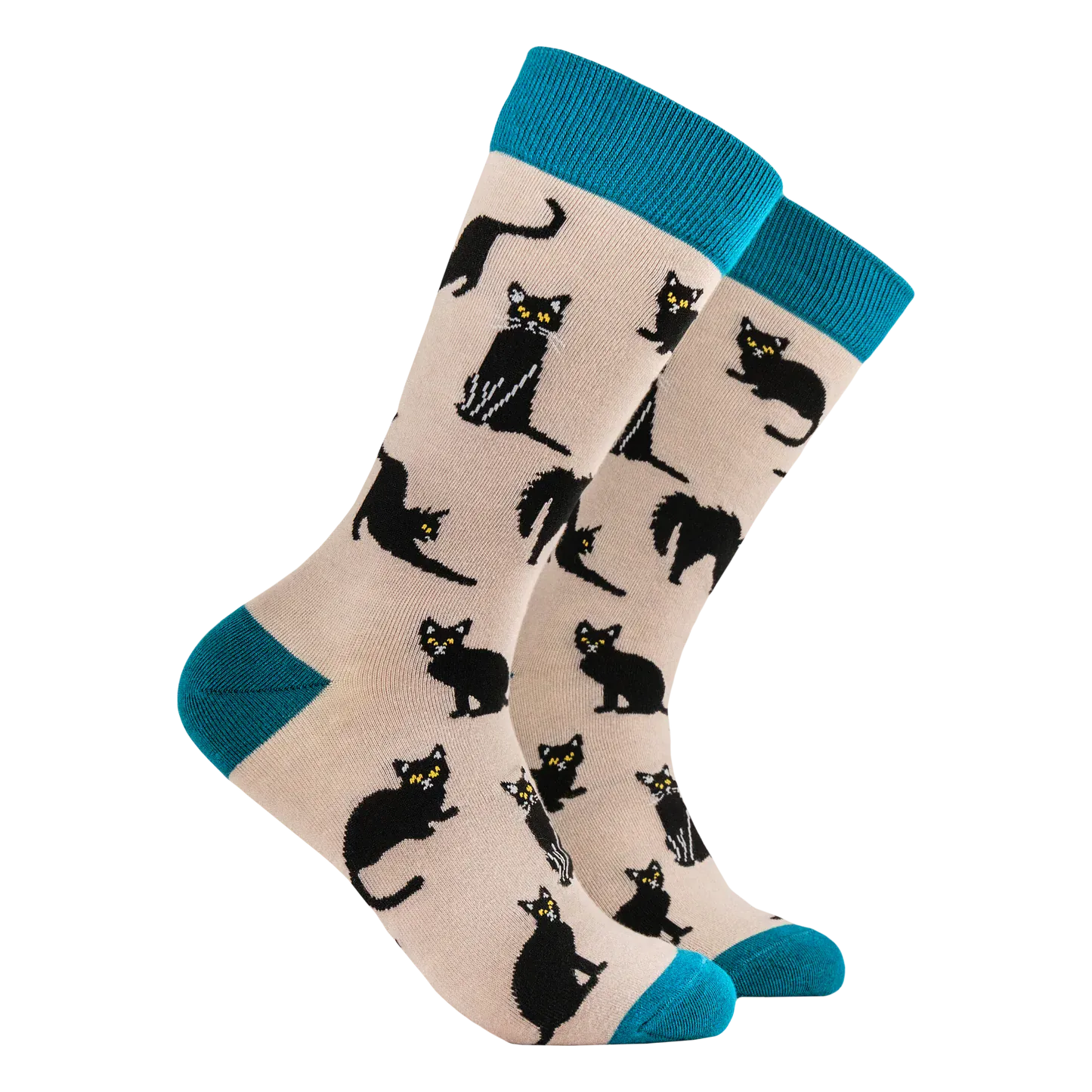 Ladies grey bamboo socks featuring playful black cats with teal heels, toes and cuffs by Socktopus.