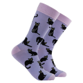 Socktopus Black Cats bamboo socks in lilac featuring playful black cats with pink cuffs, heels and toes on a soft lilac background.