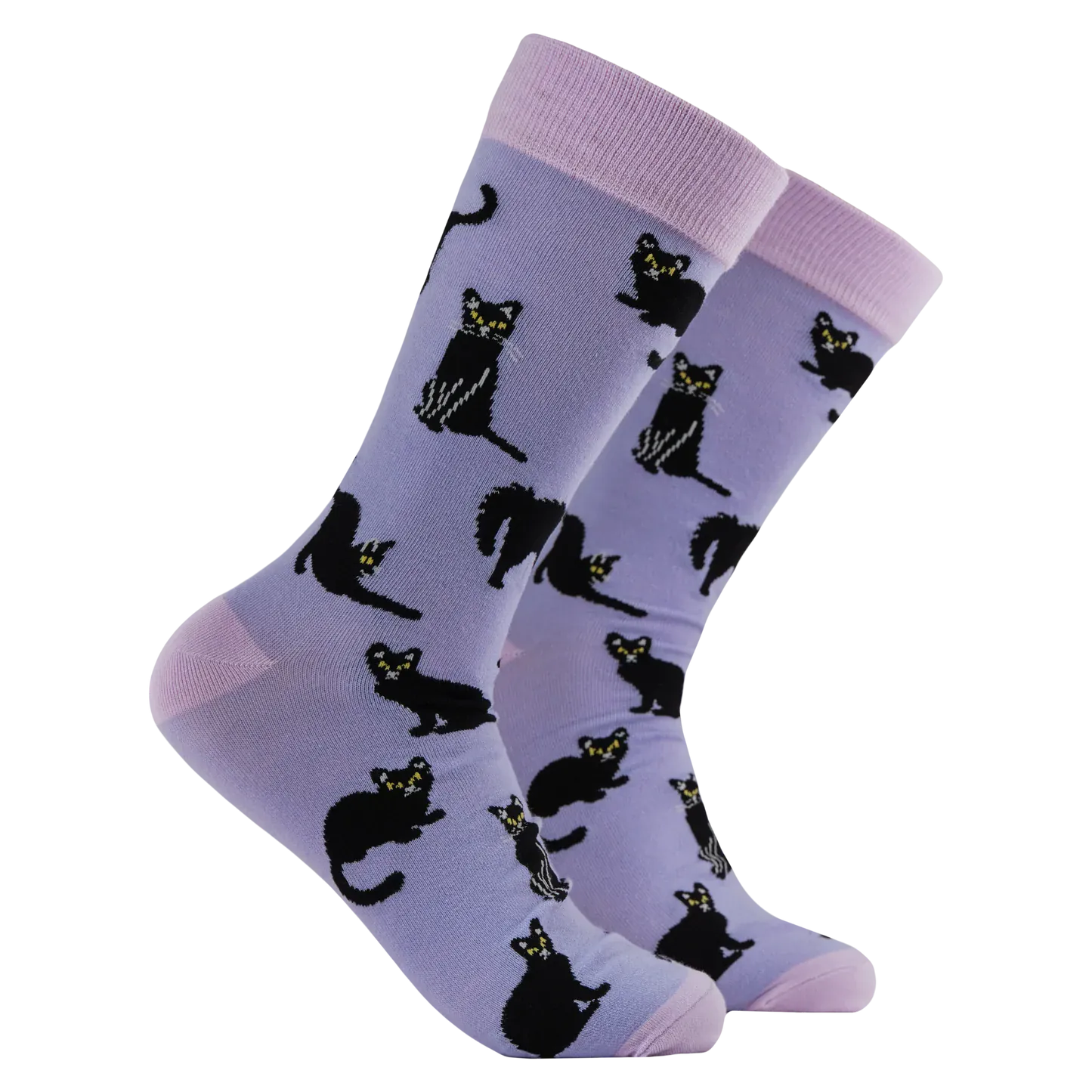 Socktopus Black Cats bamboo socks in lilac featuring playful black cats with pink cuffs, heels and toes on a soft lilac background.