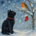 Black cat and robin snowy Christmas card featuring a handsome black cat in a red collar watching a robin beside a tiny red stocking on a frosty branch