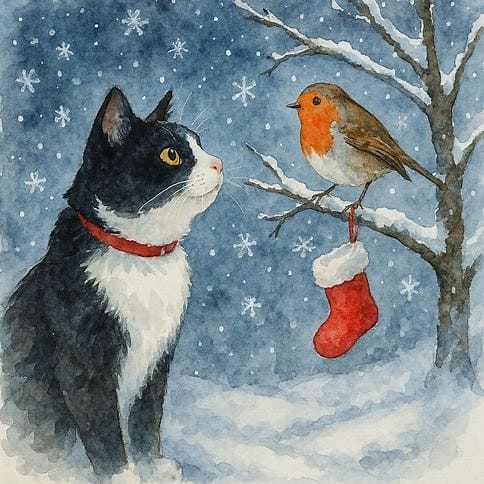 Black and white cat and robin snowy Christmas card featuring a tuxedo cat in a red collar watching a robin beside a tiny red stocking on a snowy branch