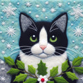 Black and white cat Christmas card with bright green eyes, festive holly and snowflakes in a colourful felt appliqué and stitched-effect style