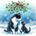 Black and white cats under the mistletoe Christmas card featuring an adult tuxedo cat and kitten touching noses together in a magical snowy festive scene