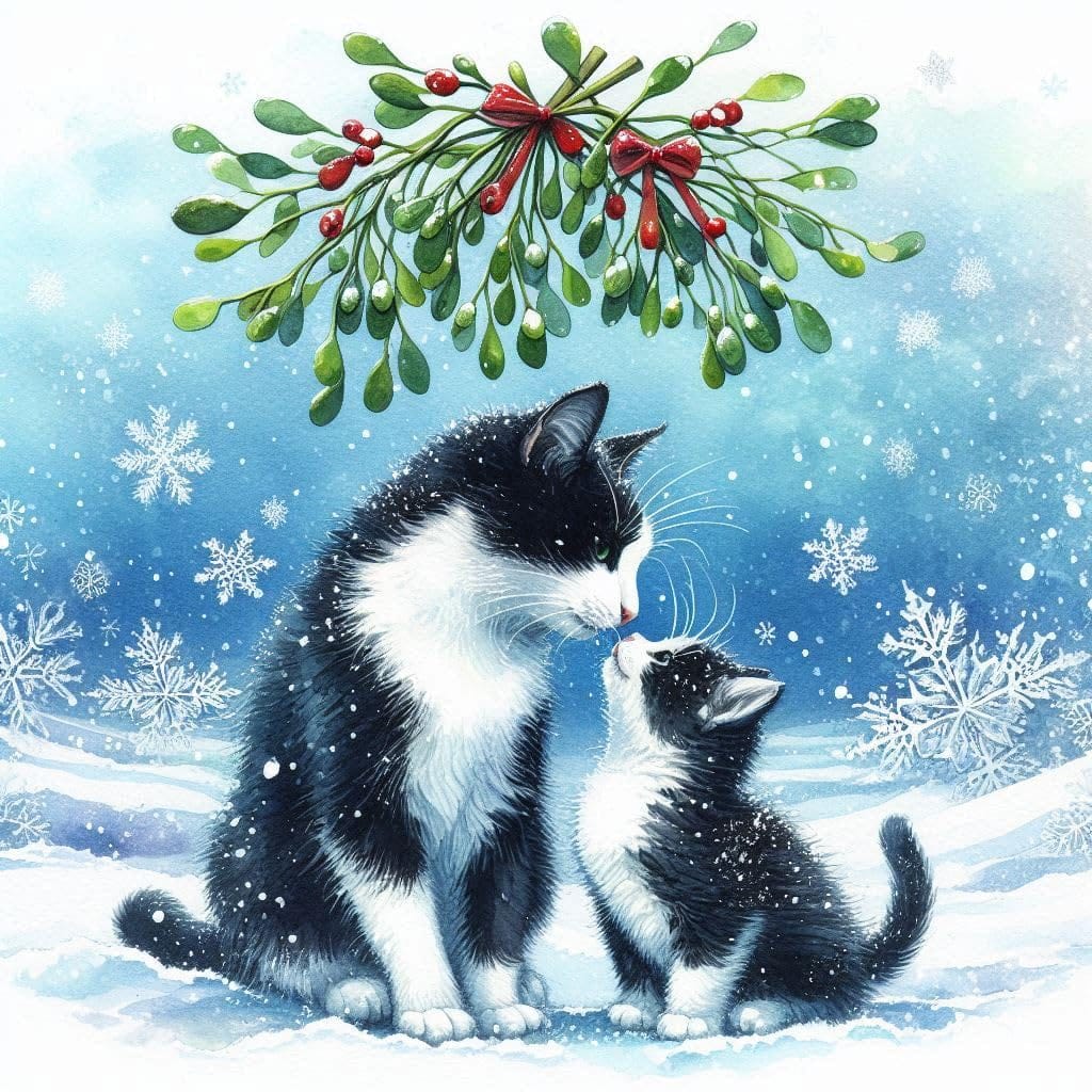 Black and white cats under the mistletoe Christmas card featuring an adult tuxedo cat and kitten touching noses together in a magical snowy festive scene