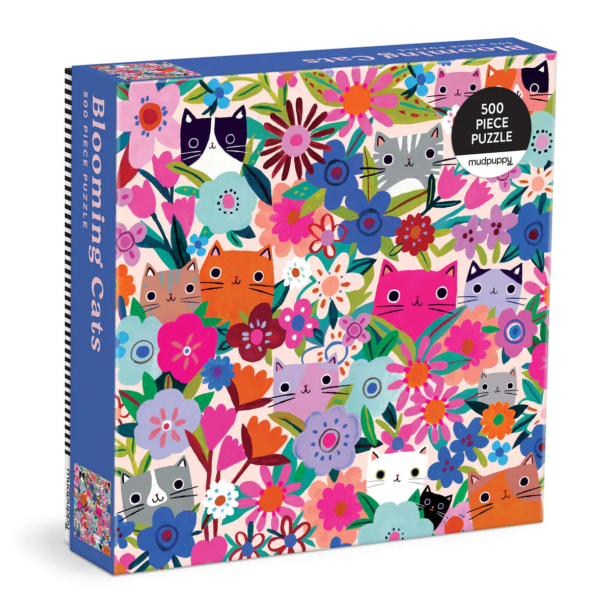 Mudpuppy Blooming Cats 500 piece family jigsaw puzzle with colourful cats and flowers artwork by Tara Lilly
