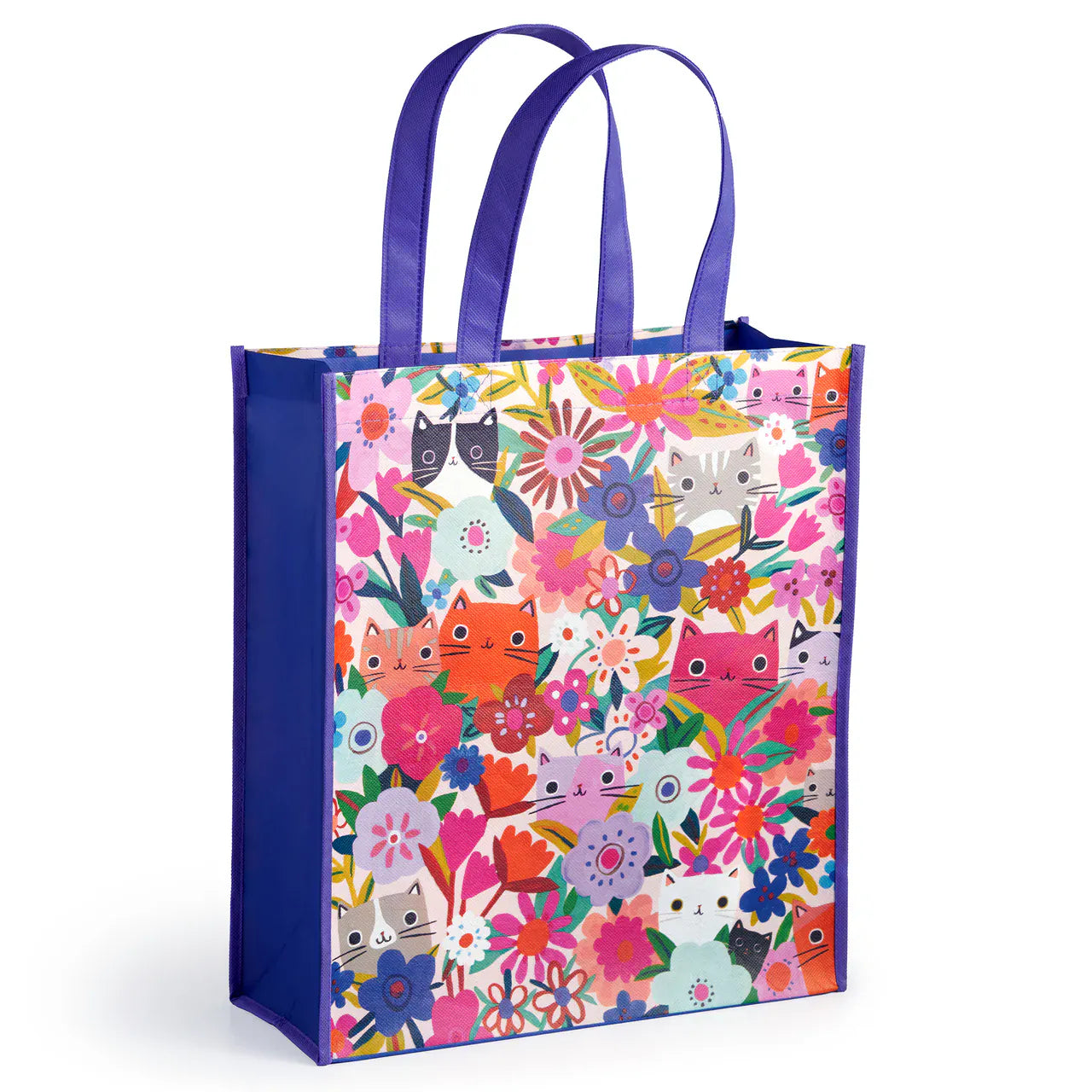 Galison Blooming Cats reusable recycled shopping bag with purple handles and side panels, covered in colourful flowers and playful cat faces