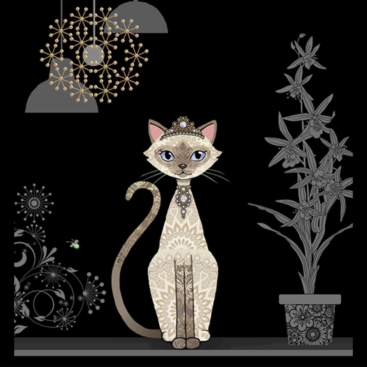 Bug Art Jewels Siamese Cat luxury greetings card by Jane Crowther featuring an elegant blue-eyed Siamese cat wearing a jewelled tiara and necklace on a black background