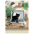 Bug Art Laptop Kitty luxury greetings card by Jane Crowther showing a mischievous black cat standing on a laptop keyboard beside spilled coffee in a home office