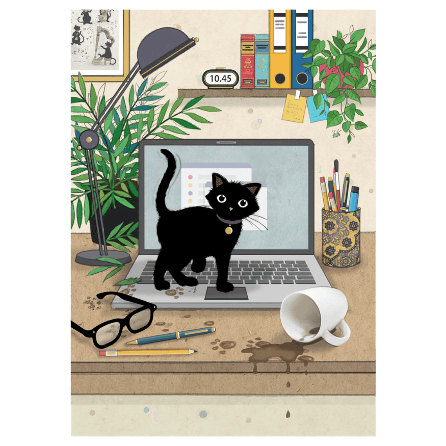 Bug Art Laptop Kitty luxury greetings card by Jane Crowther showing a mischievous black cat standing on a laptop keyboard beside spilled coffee in a home office