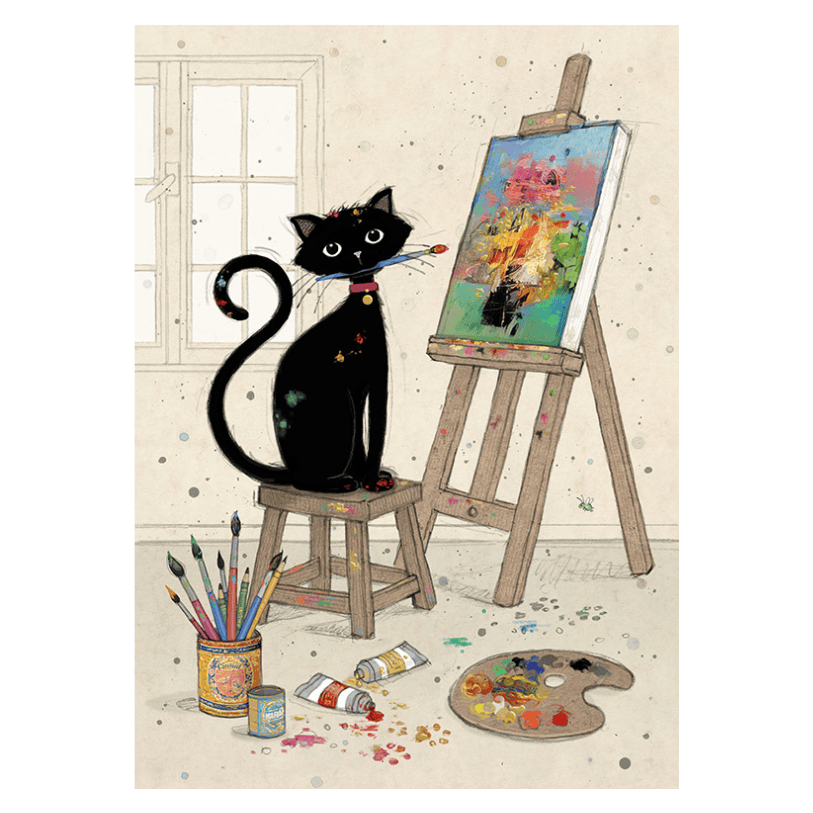 Bug Art Artist Kitty luxury greetings card by Jane Crowther featuring a black cat painting at an easel with a brush, colourful paints, palette and art supplies