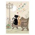 Bug Art Bench Kitties luxury greetings card by Jane Crowther featuring two affectionate cats cuddled together on a park bench beneath colourful hearts and a moonlit lamp