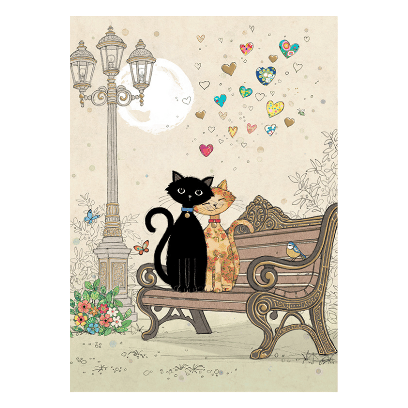 Bug Art Bench Kitties luxury greetings card by Jane Crowther featuring two affectionate cats cuddled together on a park bench beneath colourful hearts and a moonlit lamp