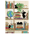 Bug Art Bookcase Kitties luxury greetings card by Jane Crowther featuring playful black cats climbing, hiding and sleeping amongst colourful books on a bookcase