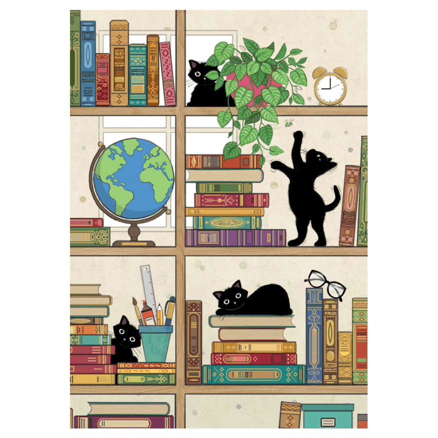 Bug Art Bookcase Kitties luxury greetings card by Jane Crowther featuring playful black cats climbing, hiding and sleeping amongst colourful books on a bookcase