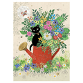 Bug Art Can Kitty luxury greetings card by Jane Crowther featuring a black cat nestled amongst colourful flowers in a red watering can with butterflies and bees