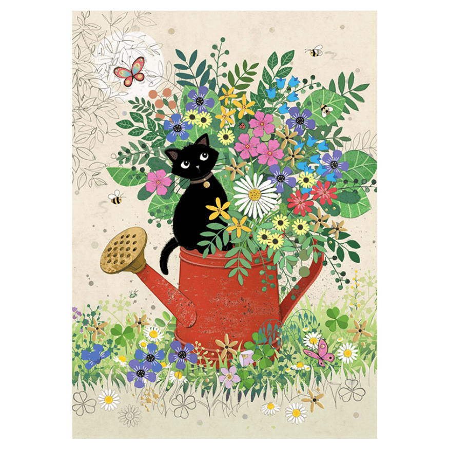 Bug Art Can Kitty luxury greetings card by Jane Crowther featuring a black cat nestled amongst colourful flowers in a red watering can with butterflies and bees