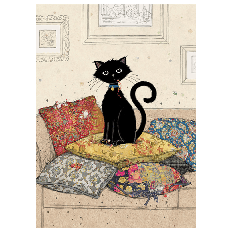 Bug Art Cute Cushion Kitty luxury greetings card by Jane Crowther featuring a mischievous black cat sitting amongst colourful patterned cushions with loose threads