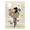 Bug Art Floral Bike Kitties luxury greetings card by Jane Crowther featuring two cuddling cats in a bicycle basket filled with colourful flowers, hearts and butterflies