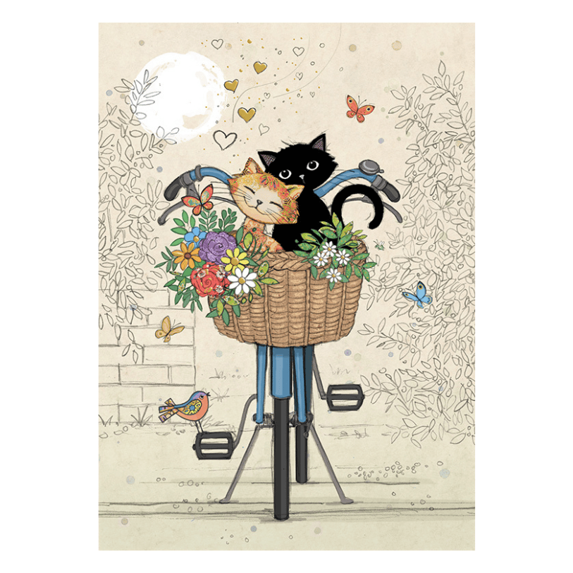 Bug Art Floral Bike Kitties luxury greetings card by Jane Crowther featuring two cuddling cats in a bicycle basket filled with colourful flowers, hearts and butterflies