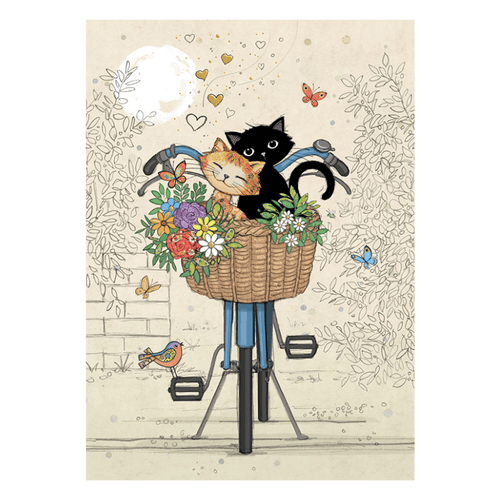 Bug Art Floral Bike Kitties luxury greetings card by Jane Crowther featuring two cuddling cats in a bicycle basket filled with colourful flowers, hearts and butterflies