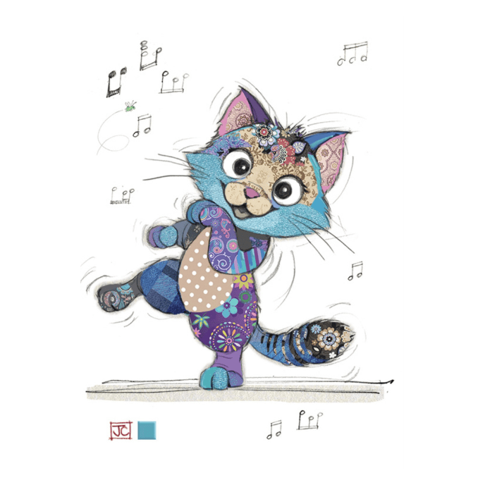 Bug Art Keira Kitten luxury greetings card by Jane Crowther featuring a colourful patchwork-style dancing cat surrounded by musical notes and intricate patterns