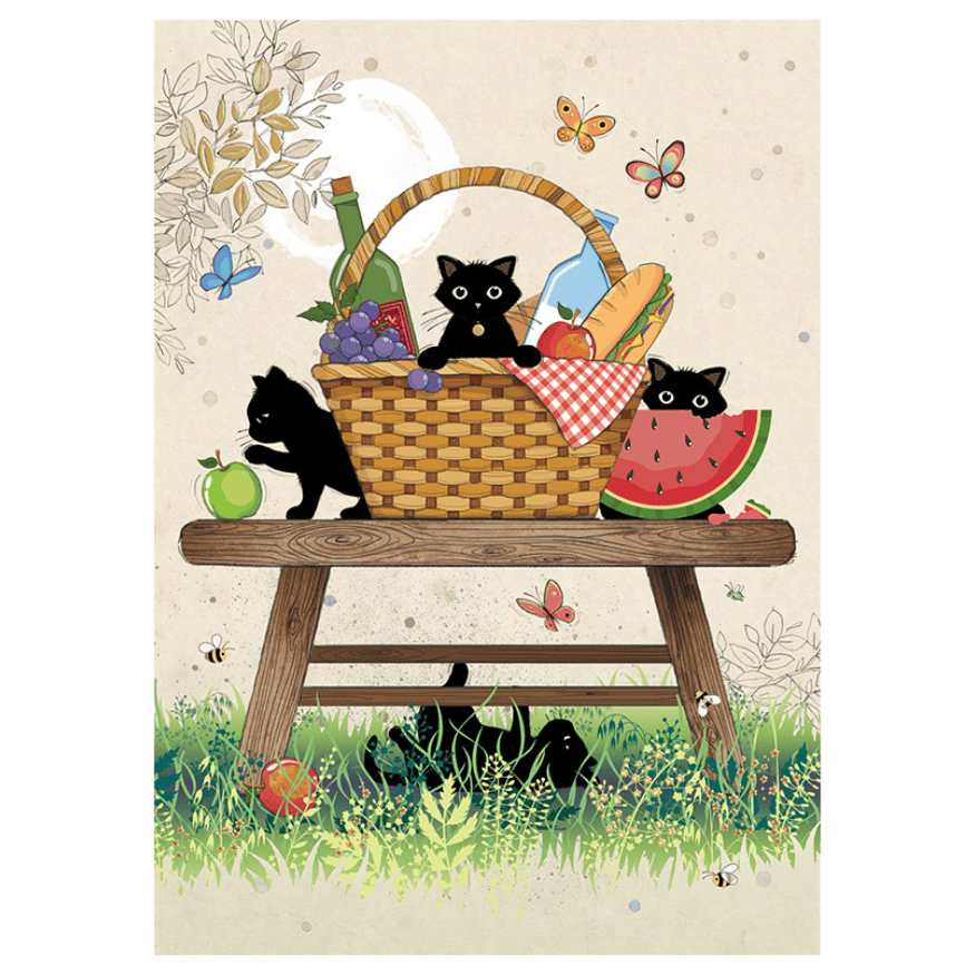 Bug Art Picnic Kitties luxury greetings card by Jane Crowther featuring playful black cats raiding a colourful picnic basket with fruit, watermelon, butterflies and wildflowers