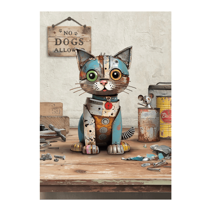 Bug Art Scrap Kitten luxury greetings card by Jane Crowther featuring a quirky colourful scrap-metal style cat on a workshop bench with tools and a tiny mouse