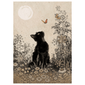 Bug Art Meadow Cat embossed gold foil greetings card featuring a black cat sitting amongst wildflowers watching colourful butterflies beneath a moonlit sky, blank inside.