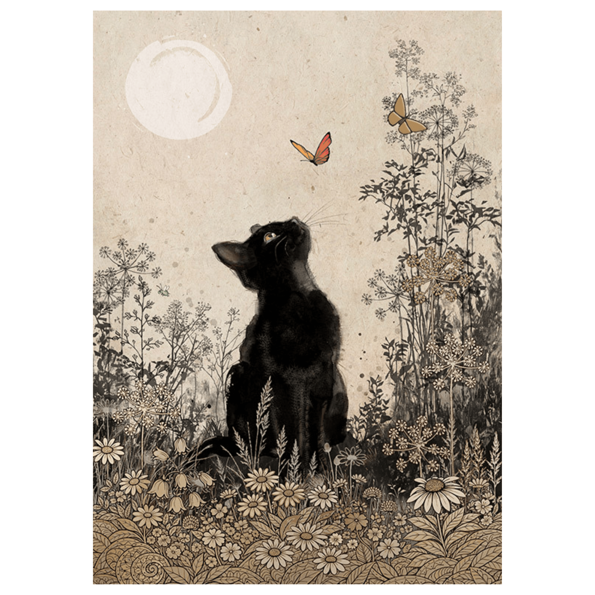 Bug Art Meadow Cat embossed gold foil greetings card featuring a black cat sitting amongst wildflowers watching colourful butterflies beneath a moonlit sky, blank inside.