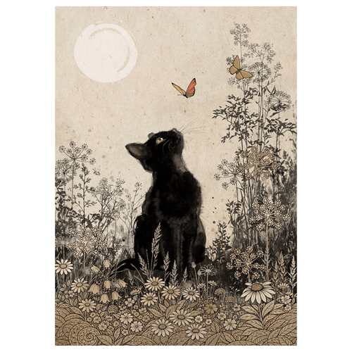 Bug Art Meadow Cat embossed gold foil greetings card featuring a black cat sitting amongst wildflowers watching colourful butterflies beneath a moonlit sky, blank inside.