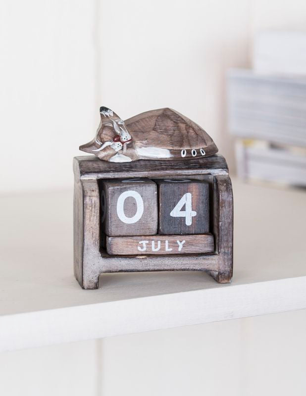 Fair Trade Handmade Wooden Perpetual Calendar - Sleeping Cat