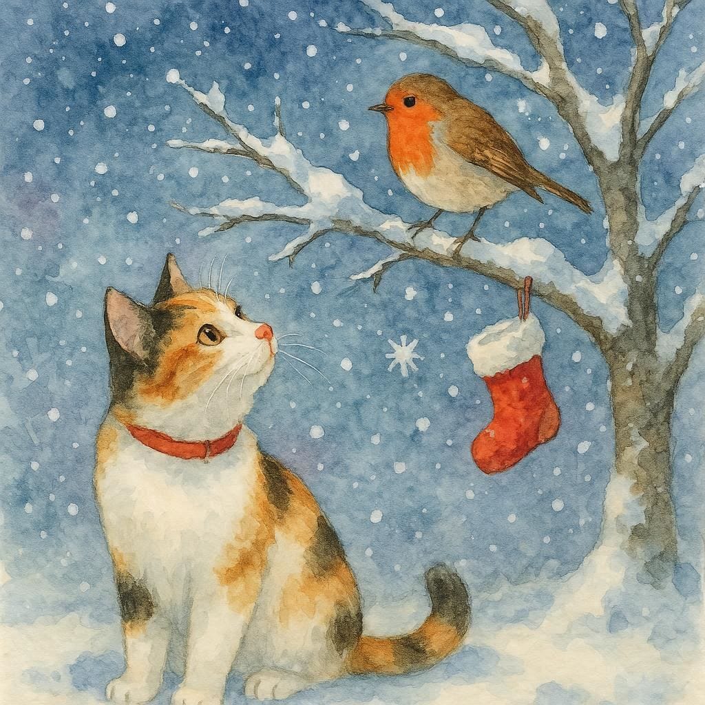Calico cat and robin snowy Christmas card featuring a ginger, black and white cat watching a festive robin beside a red stocking on a snow-covered branch