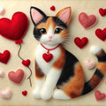 Luxury calico cat greeting card featuring a beautiful calico cat wearing a heart pendant, surrounded by red and pink stitched hearts and a heart-shaped balloon, blank inside with coordinating cream envelope.