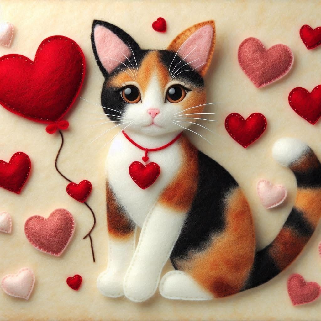 Luxury calico cat greeting card featuring a beautiful calico cat wearing a heart pendant, surrounded by red and pink stitched hearts and a heart-shaped balloon, blank inside with coordinating cream envelope.