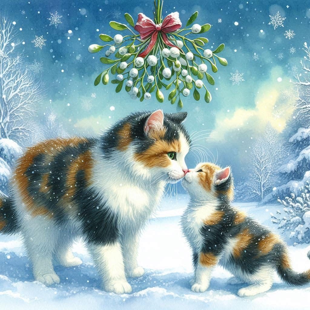 Calico Cats Under the Mistletoe Christmas Card