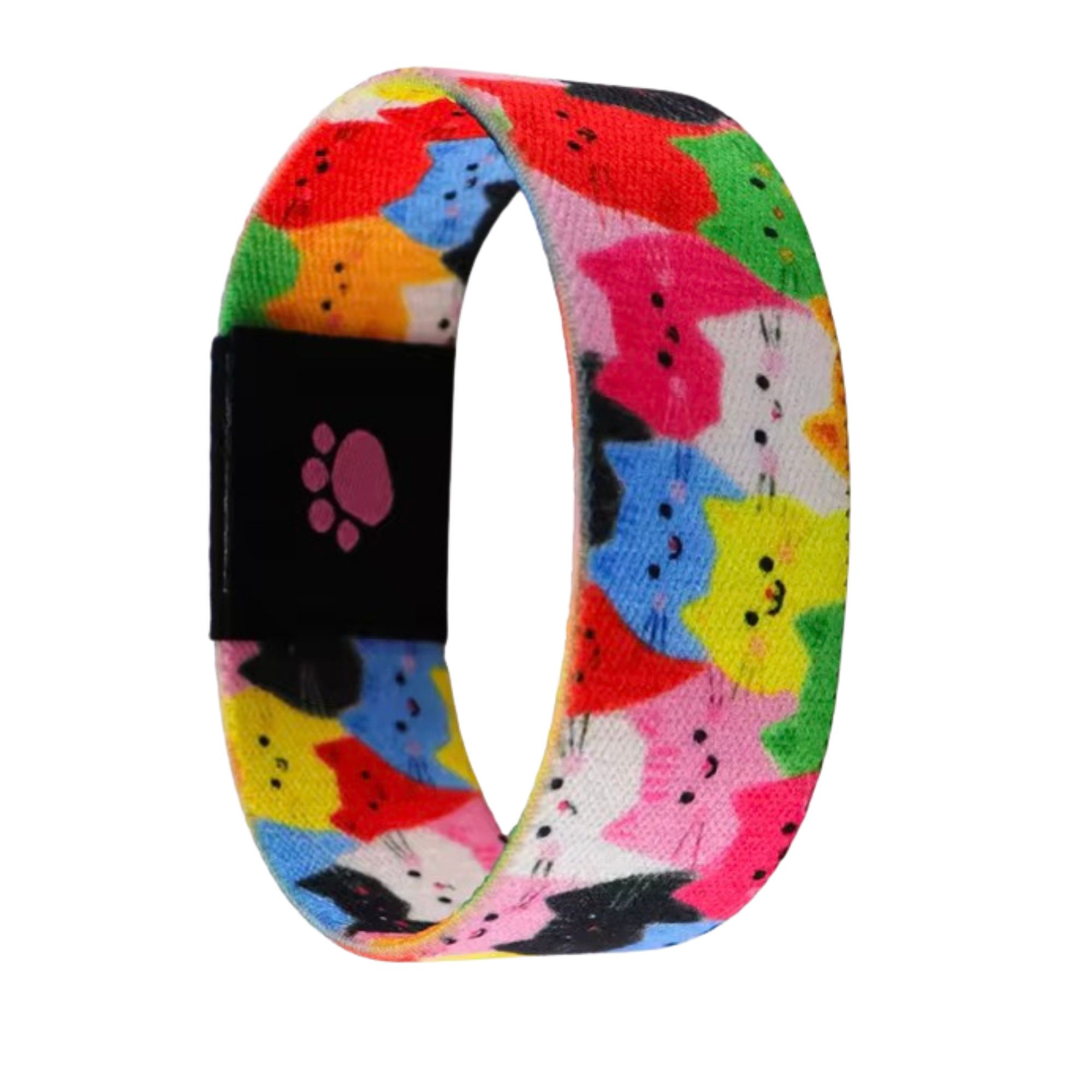 Stretchy reversible wristband bracelet with colourful cat pattern and paw print label