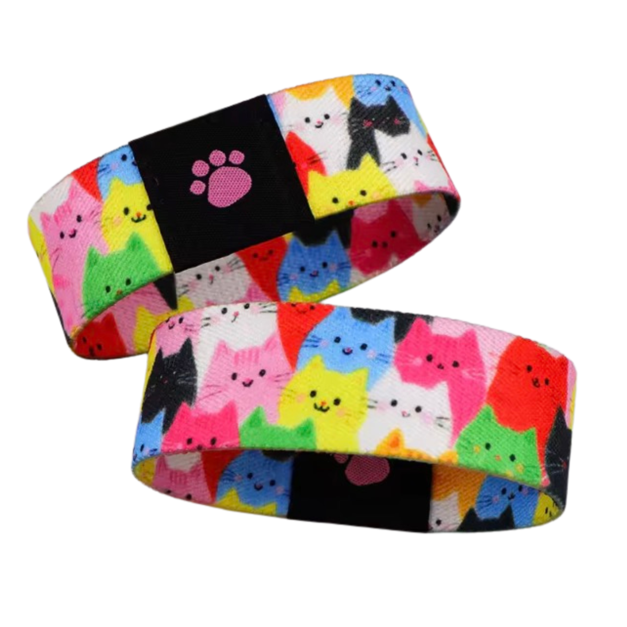 Stretchy reversible wristband bracelet with colourful cat pattern and paw print label