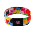 Stretchy reversible wristband bracelet with colourful cat pattern and paw print label