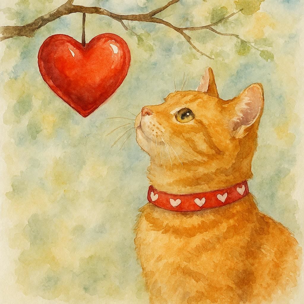 Luxury ginger cat watercolour greeting card featuring a handsome ginger cat wearing a heart-patterned collar looking towards a red heart hanging from a tree branch, printed on premium 300gsm cardstock with a coordinating cream envelope.