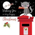 Festive grey cat on red postbox Christmas card with Santa and reindeer flying across the moon, falling snow, holly and Christmas greeting
