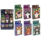 Cat Garden Dinky 100 Piece Jigsaw Puzzle collection showing all six colourful cat designs and retail display stand.