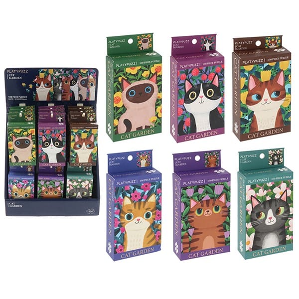 Cat Garden Dinky 100 Piece Jigsaw Puzzle collection showing all six colourful cat designs and retail display stand.
