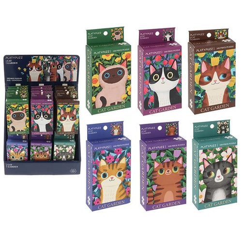 Cat Garden Dinky 100 Piece Jigsaw Puzzle collection showing all six colourful cat designs and retail display stand.