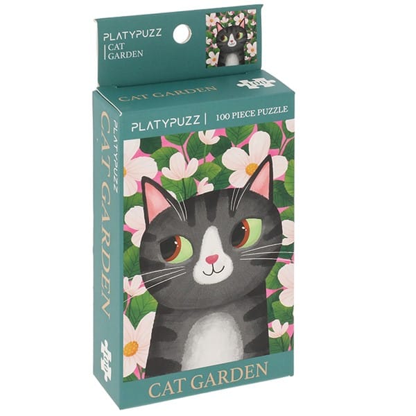 Grey tuxedo cat Cat Garden 100 piece jigsaw puzzle surrounded by pink blossom flowers in decorative box.