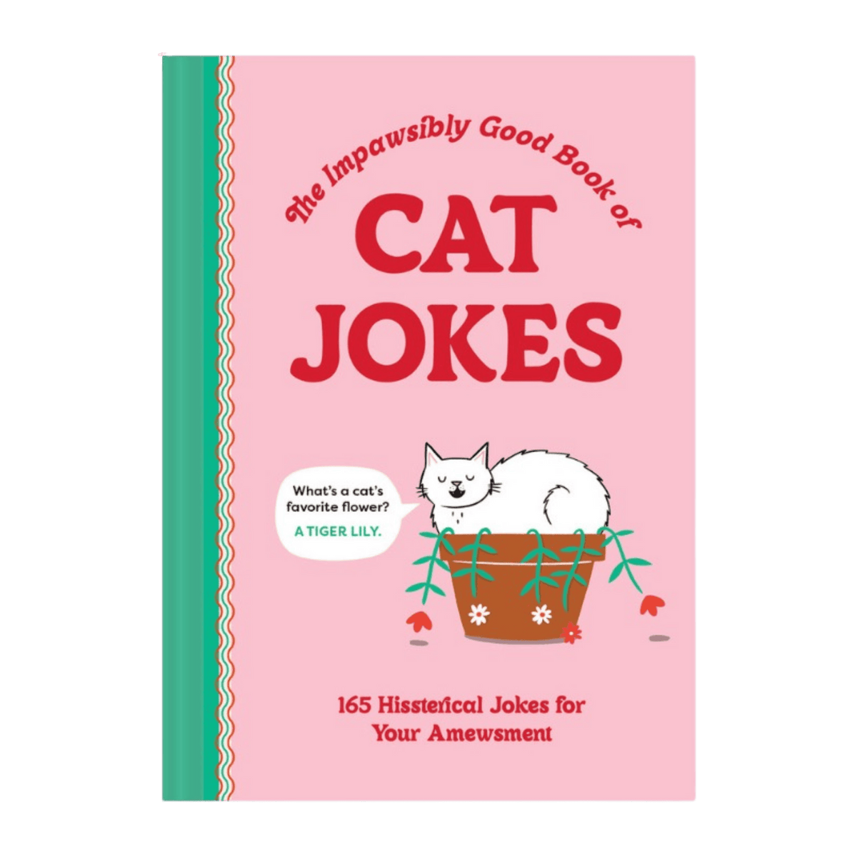 The Impawsibly Good Book of Cat Jokes by Thomas Nowak with 165 funny feline jokes and illustrated pink cover