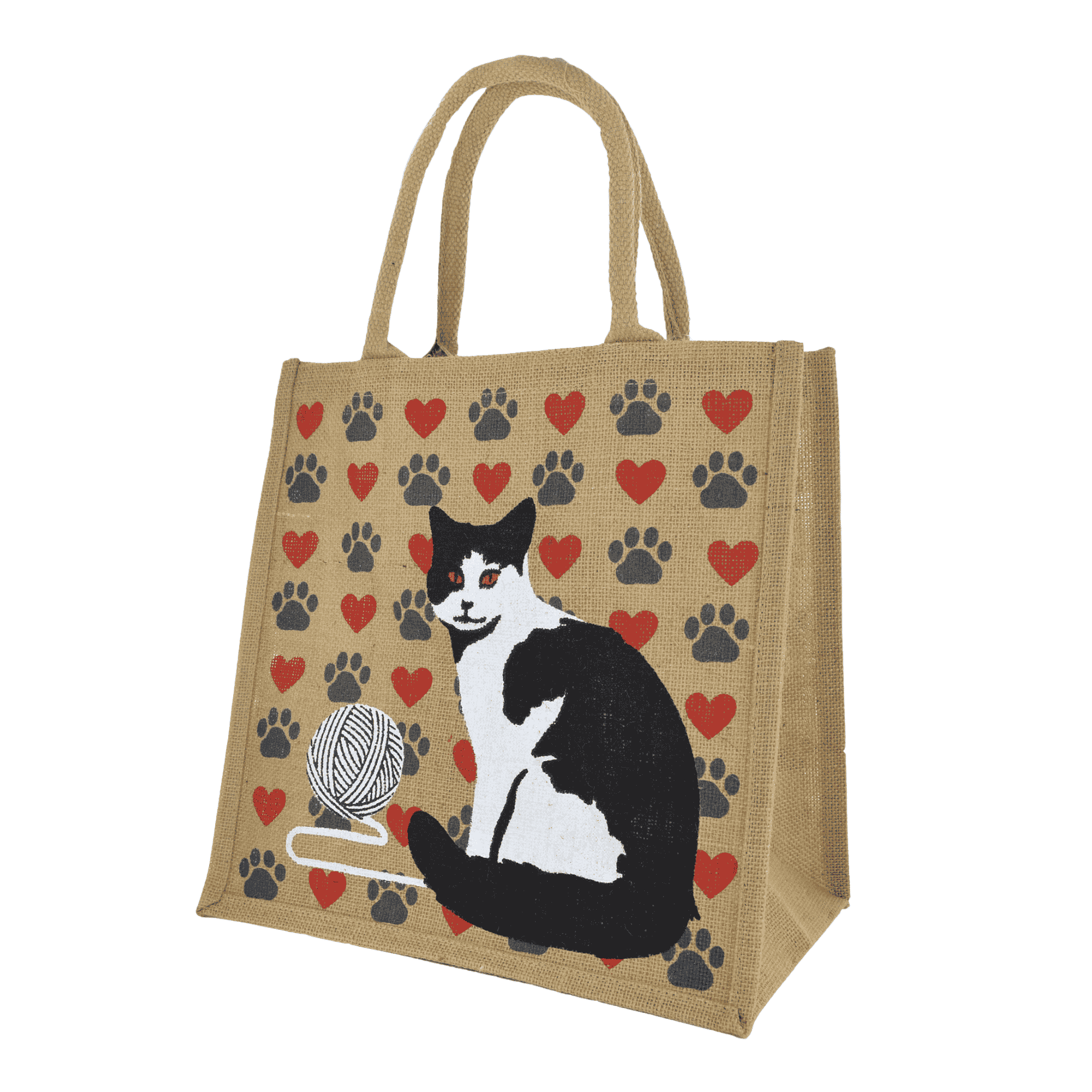 Black and white cat jute shopping bag with ball of yarn, red hearts and paw prints