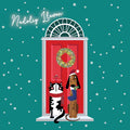 Nadolig Llawen Welsh Christmas card with festive black and white cat and brown dog wearing Christmas outfits beside a snowy red front door