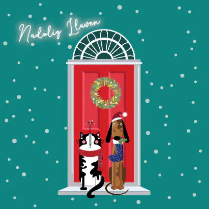 Nadolig Llawen Welsh Christmas card with festive black and white cat and brown dog wearing Christmas outfits beside a snowy red front door